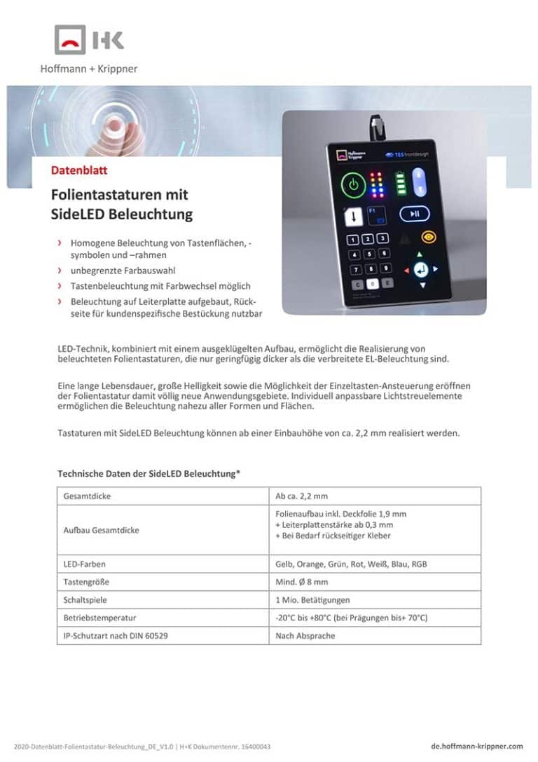 Datenblatt Folientastaturen mit SideLED Beleuchtung