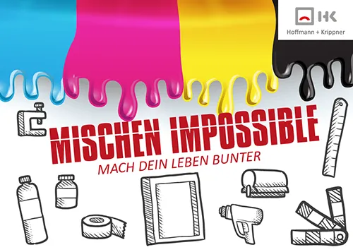 Bunte Farbkleckse und Utensilien zum Drucken